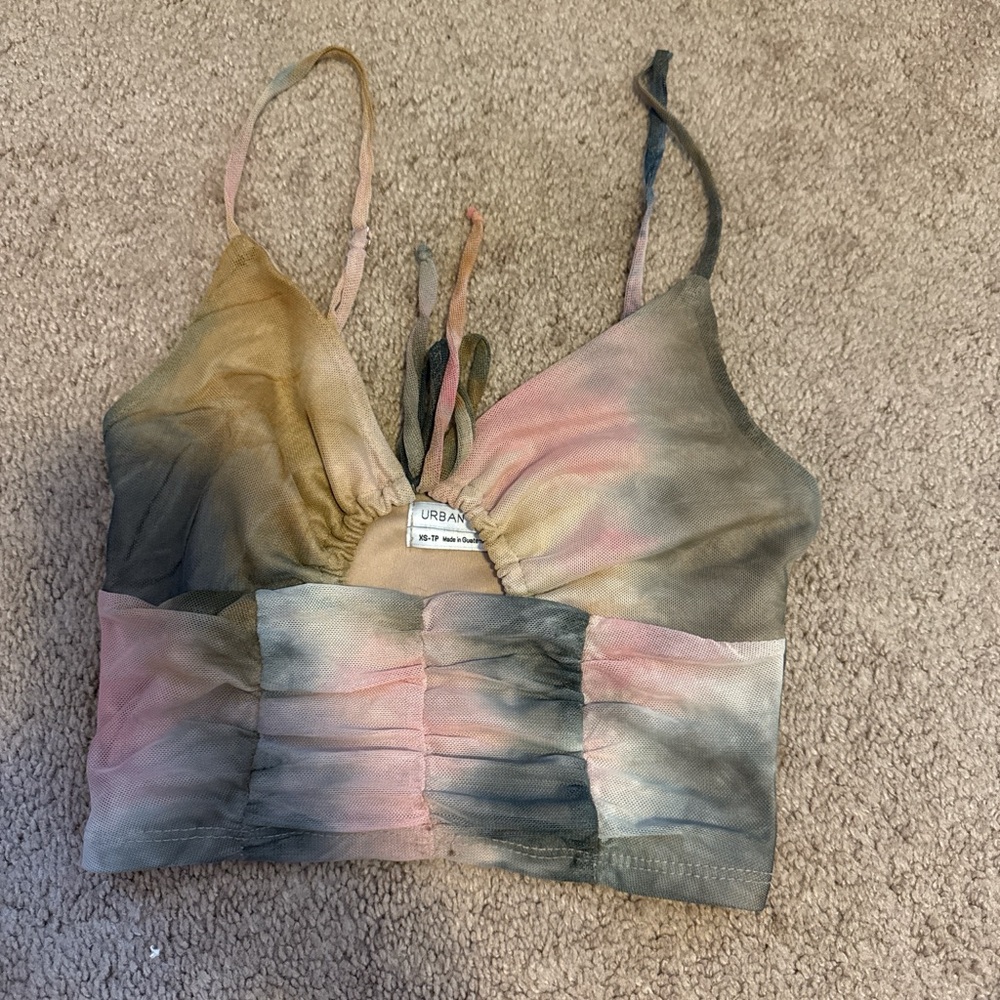 Urban Outfitters Pink and Olive Tie-Dye Cropped Cami